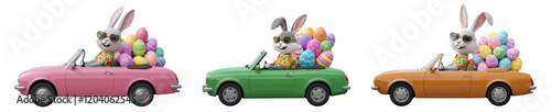 Set of three Easter rabbits are driving a pink, green, and orange car with a different easter eggs on a transparent background.