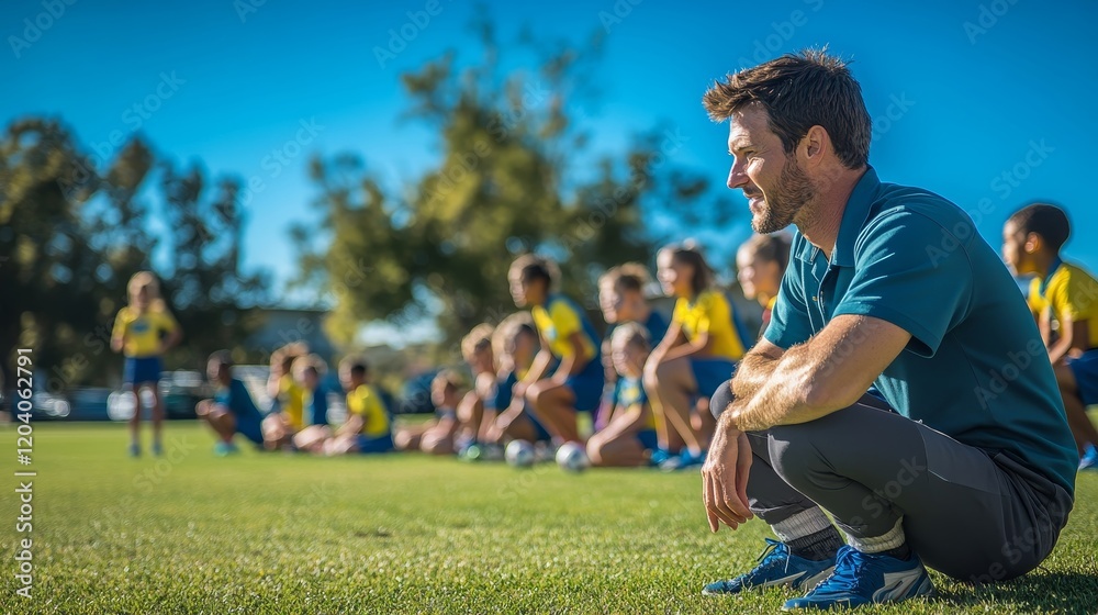 Obraz premium Inspiring High School Teacher Coaching Energetic Sports Team on Field with Motivational Guidance for Teamwork and Joyful Moments