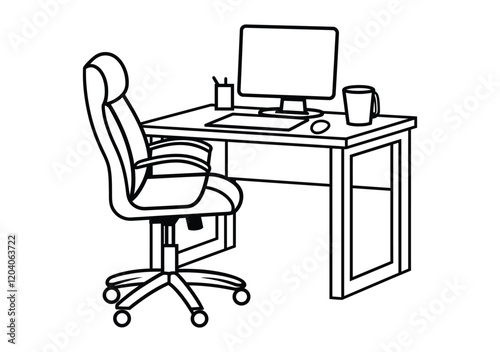 Office desk with a computer and chair icon, vector, outline, silhouette, illustration, isolated on white background