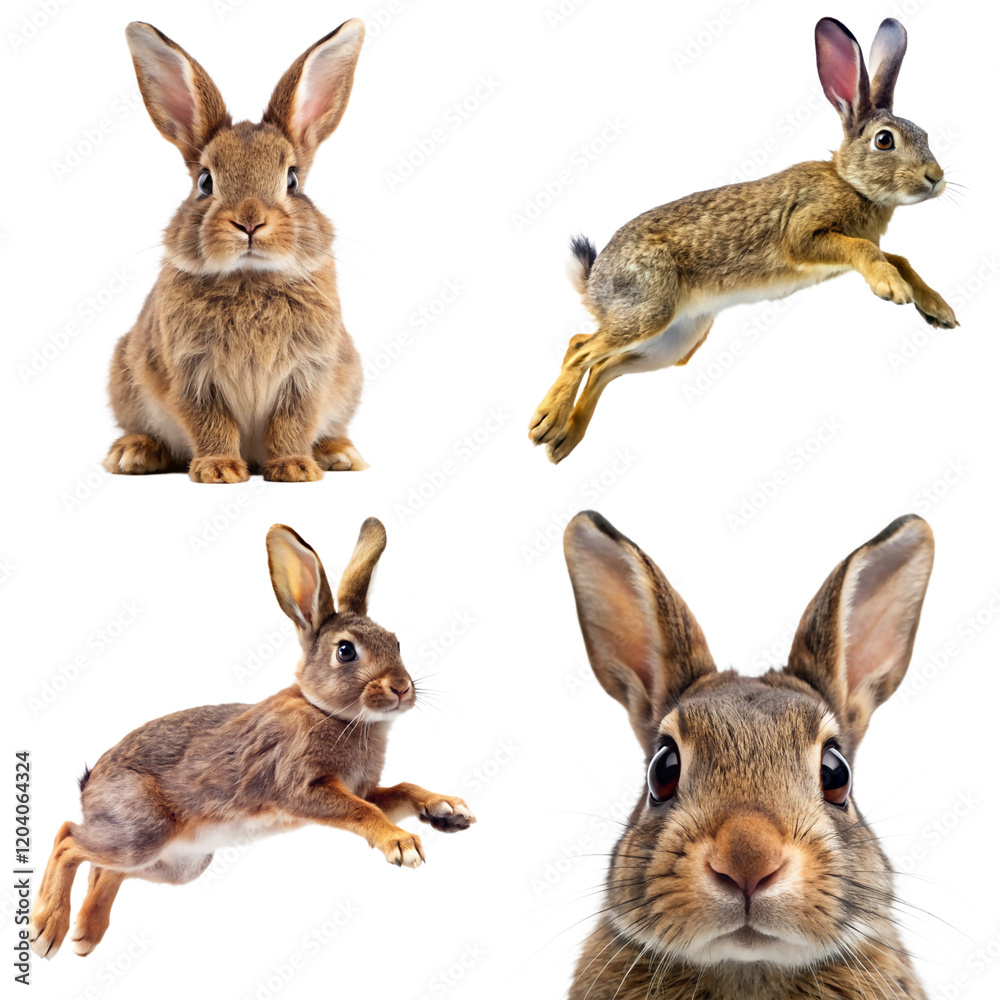 Adorable rabbit in various active and sitting poses, ideal for kids' projects or nature themes Adorable rabbit in various active and sitting poses, ideal for kids' projects or nature themes