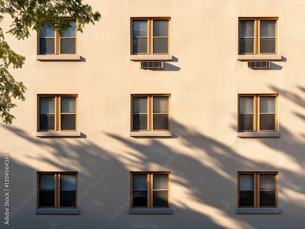 Obraz premium Symmetrical Facade with Windows and Tree Shadows in Warm Sunlight