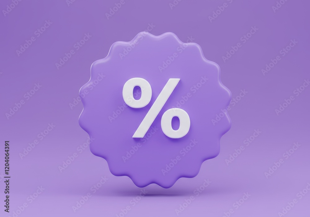 A 3D illustration of a purple scalloped badge with a white percentage symbol in the center, clean and vibrant design, representing discounts or promotions.