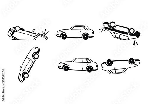 Minimalist Crashed Cars Icons Set | Hand-Drawn Accident Line Art Vector