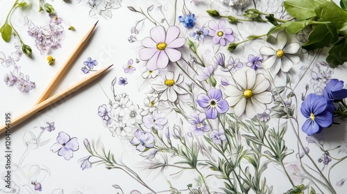 Pencil Sketch and Real Flowers and Leaves Creating Artistic Floral Composition