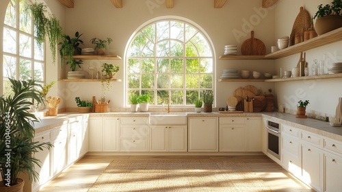 Bright kitchen sunlit interior home decor.