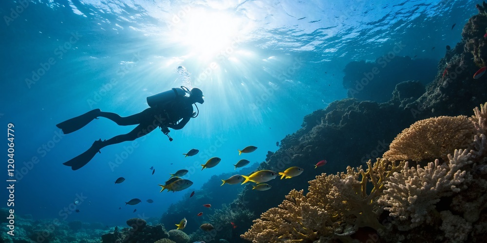 Underwater Dive, Bokeh Blur, Ocean Scene, Sunlight, Deep Sea Exploration Underwater Dive, Bokeh Blur, Ocean Scene, Sunlight, Deep Sea Exploration