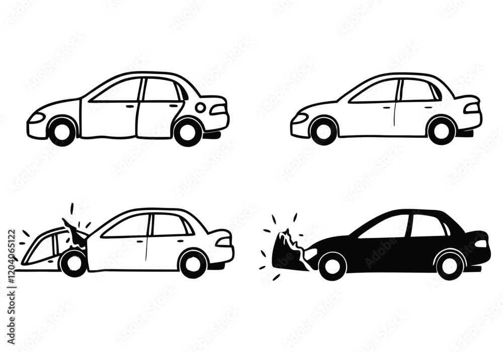 Fototapeta premium Minimalist Crashed Cars Icons Set | Hand-Drawn Accident Line Art Vector