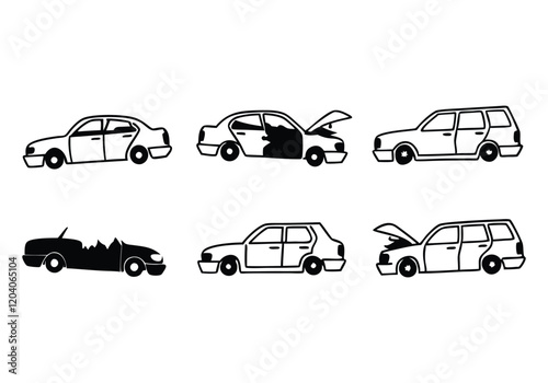 Minimalist Crashed Cars Icons Set | Hand-Drawn Accident Line Art Vector