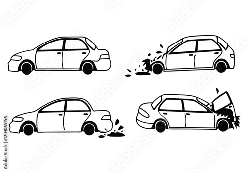 Minimalist Crashed Cars Icons Set | Hand-Drawn Accident Line Art Vector