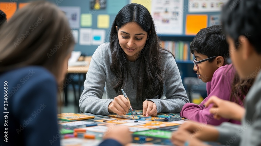 Fototapeta premium Engaging South Asian Female Teacher Fostering Math Competition and Teamwork Among Students with Interactive Board Games