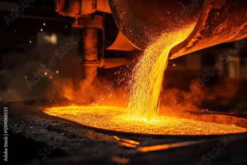 Molten iron is being poured from a ladle into a steel pot in a foundry, creating a bright orange glow. It showcases the intense heat and craftsmanship involved in metalworking.