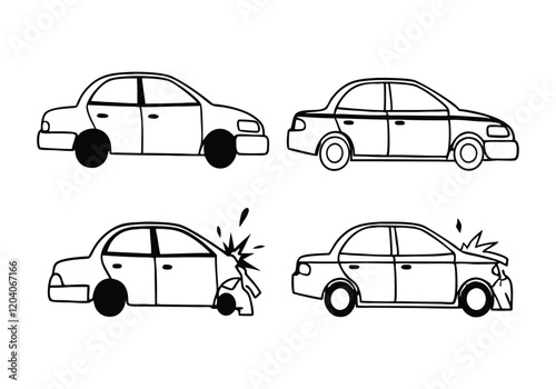 Minimalist Crashed Cars Icons Set | Hand-Drawn Accident Line Art Vector