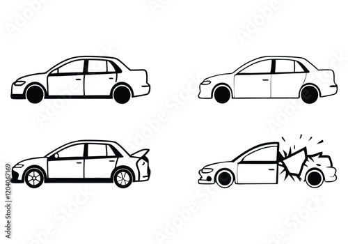 Minimalist Crashed Cars Icons Set | Hand-Drawn Accident Line Art Vector