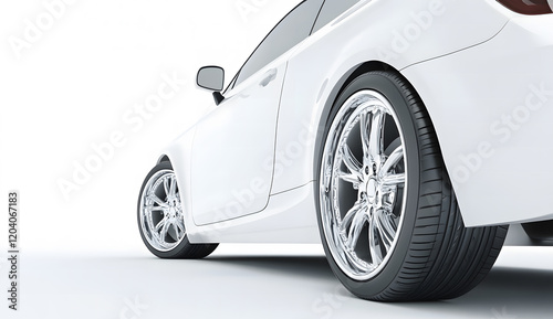 Close-up view of a sleek white luxury sports car, featuring shiny chrome alloy wheels and a modern aerodynamic design, set against a clean white background.