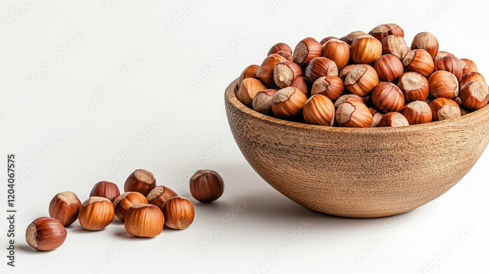 Hazelnuts in wooden bowl, white background, healthy snack. Food photography. Hazelnuts in wooden bowl, white background, healthy snack. Food photography.