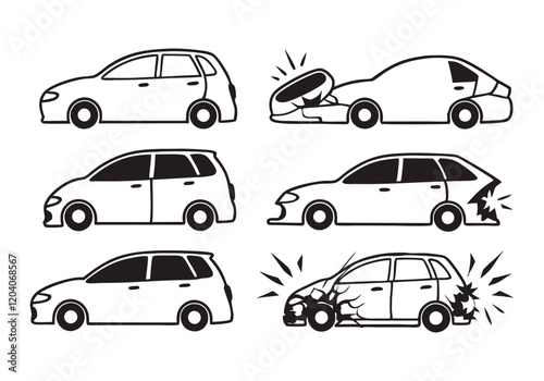 Minimalist Crashed Cars Icons Set | Hand-Drawn Accident Line Art Vector