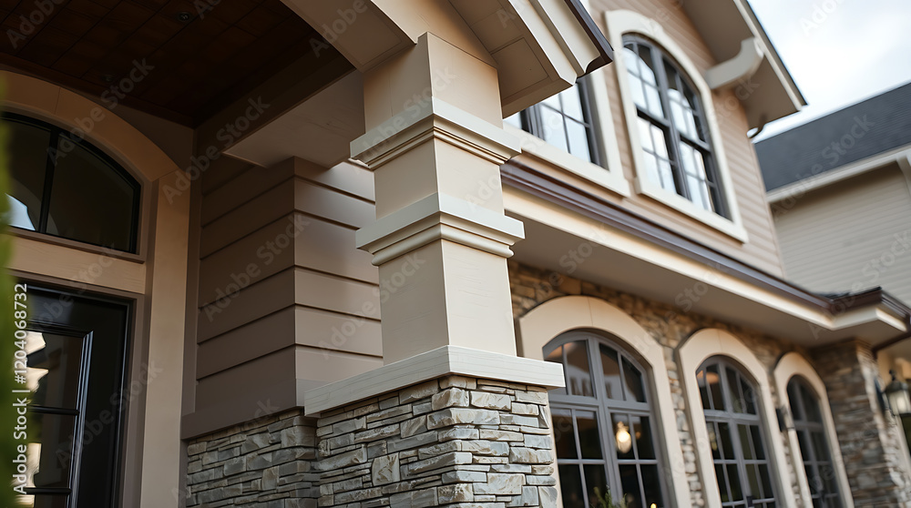 Obraz premium Elegant Home Exterior: Modern Architecture and Stone Facade Design. Luxury Real Estate Property with Classic Style and Beautiful Entrance