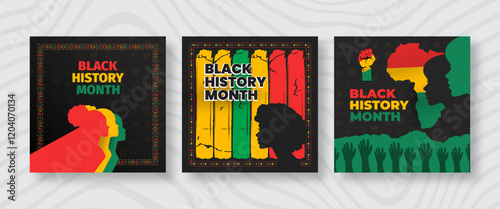 Black History Month celebration social media post banner set. African American heritage square banner, web banner, and poster. Juneteenth Independence Day with hand fists geometric pattern background