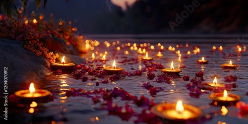 Spiritual Serenity Ganges River Illuminated with Diyas and Flowers