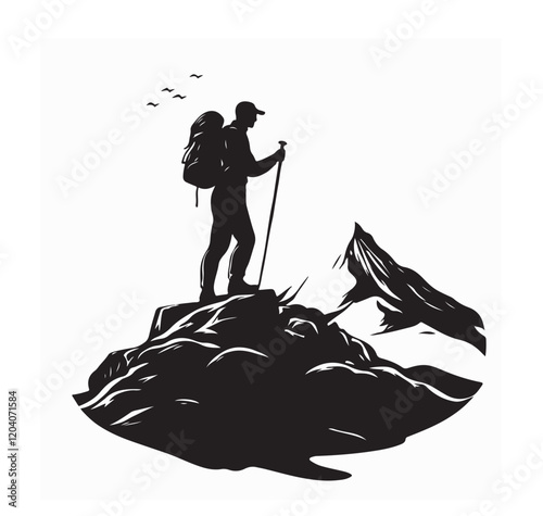 Silhouette of man hiker with backpack on the top of a mountain logo vector image isolated on white background.