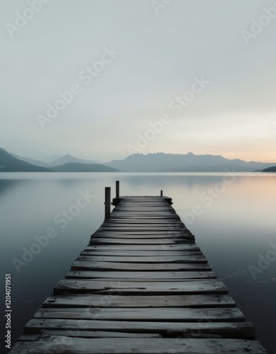 A serene view of a wooden dock extending into a calm lake surrounded by mountains under a hazy sky