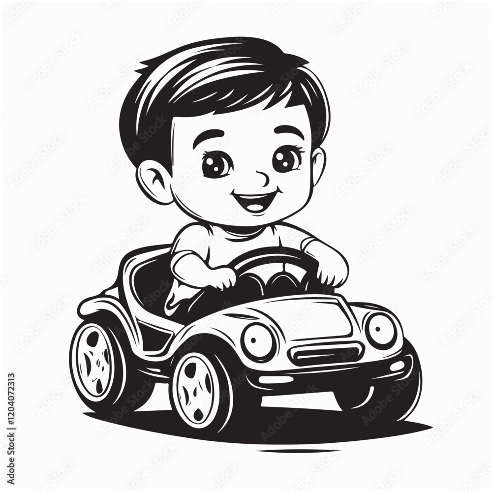 Fototapeta premium Energetic Boy Enjoying His Time Riding a Toy Car Vector Design