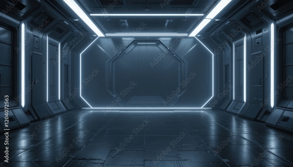 A sleek corridor illuminated by bright neon lights offers a captivating view of modern design. The futuristic space is empty, evoking feelings of curiosity and adventure A sleek corridor illuminated by bright neon lights offers a captivating view of modern design. The futuristic space is empty, evoking feelings of curiosity and adventure