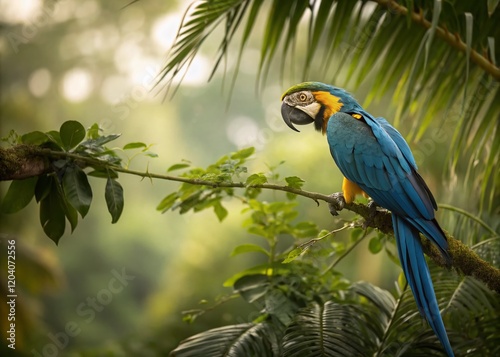 Vibrant Blue and Gold Macaw Perched on Tropical Branch - Long Exposure Stock Photo