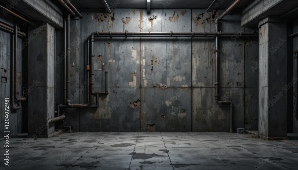 Inside a dimly lit industrial area, peeling walls and rusted pipes tell a story of neglect. The empty floor amplifies the atmosphere, evoking a haunting sense of abandonment and history Inside a dimly lit industrial area, peeling walls and rusted pipes tell a story of neglect. The empty floor amplifies the atmosphere, evoking a haunting sense of abandonment and history