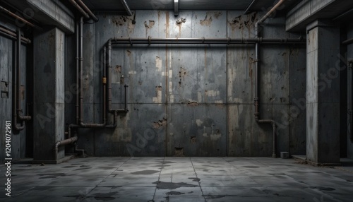 Inside a dimly lit industrial area, peeling walls and rusted pipes tell a story of neglect. The empty floor amplifies the atmosphere, evoking a haunting sense of abandonment and history