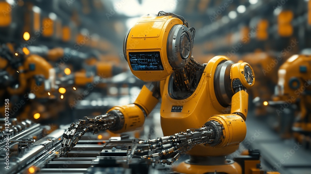 Robot working on assembly line, factory automation Robot working on assembly line, factory automation