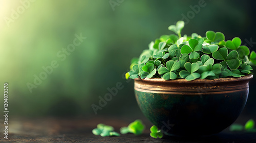 Happy St. Patrick's Day. Background with shamrock in a bowl