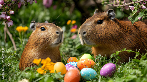 Happy Easter with capybaras and Easter eggs among green grass. Funny animals. 