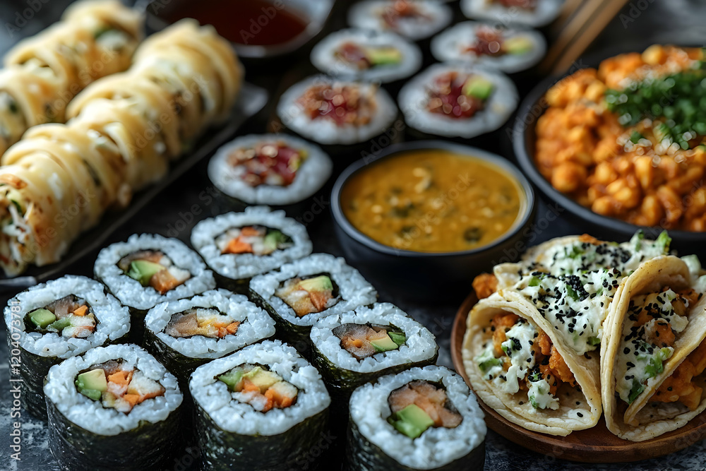 A vibrant array of sushi rolls, vegetarian options, flavorful tacos, and chickpea curry, showcasing a diverse and delicious culinary spread. A vibrant array of sushi rolls, vegetarian options, flavorful tacos, and chickpea curry, showcasing a diverse and delicious culinary spread.