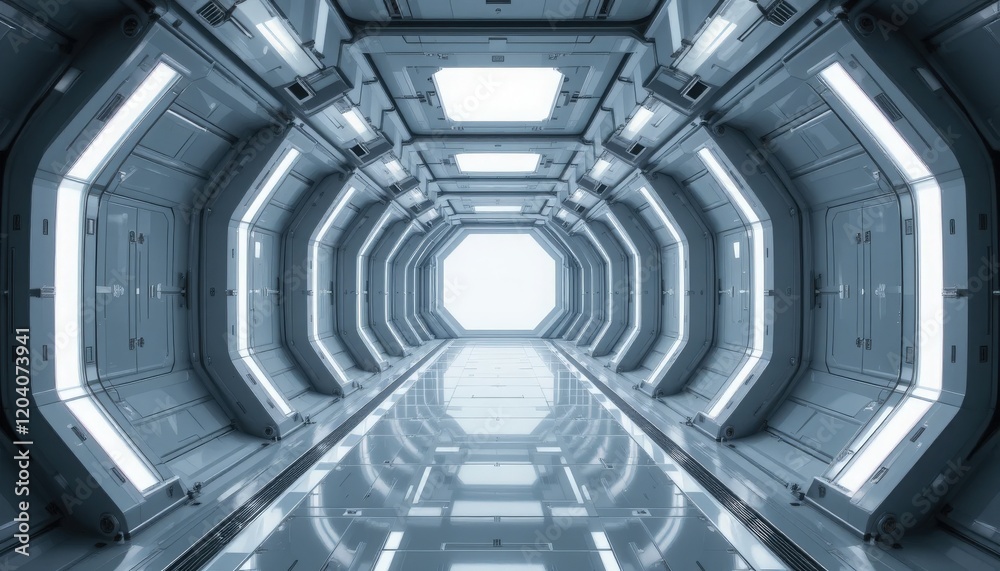 Obraz premium Shiny surfaces reflect bright, cool light illuminating a corridor designed with modern architecture. The symmetry creates a sense of depth, inviting exploration into the unknown