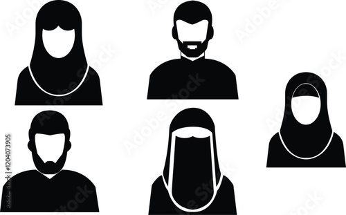 Silhouettes of people with hijab,Vail silhouette vector, Muslim girls with covered face,Modern hijab set