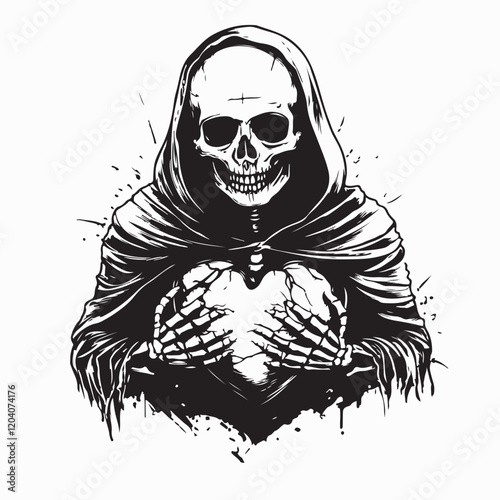 Skeleton in cloak with a broken heart symbolizing sorrow and emotional pain vector image.