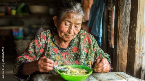 An elderly woman eating soup sitting at a table in the house.