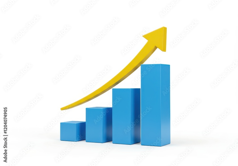 A 3D illustration of a bar chart with three vertical blue bars accompanied by a yellow upward arrow A 3D illustration of a bar chart with three vertical blue bars accompanied by a yellow upward arrow