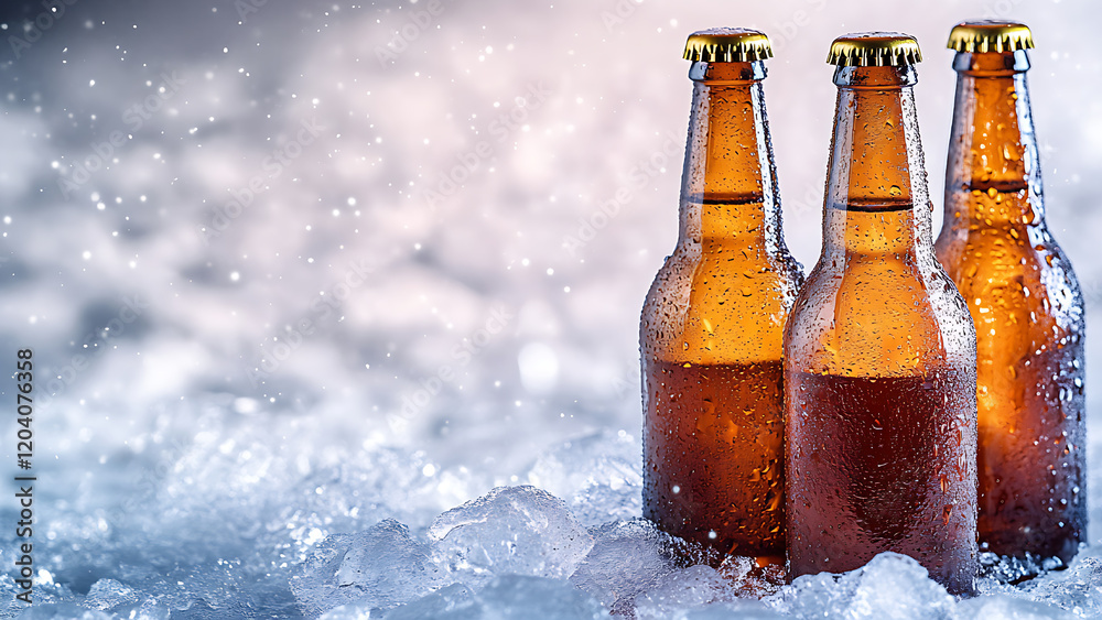 Three chilled brown beer bottles are shown on ice.