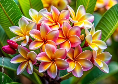 Vibrant Frangipani Blossom Group: Yellow, White & Pink Plumeria Flowers