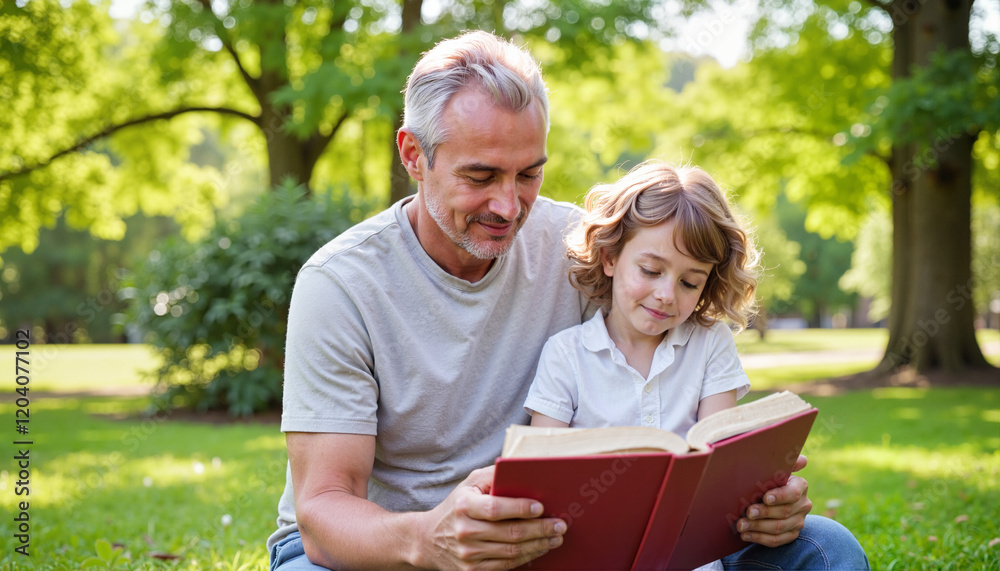 Father and daughter reading a book together in a park
Father and daughter reading a book together in a park