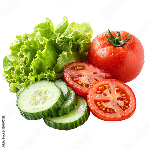 Fresh Tomato, Cucumber Slices, and Lettuce Leaves Isolated on Transparent Background