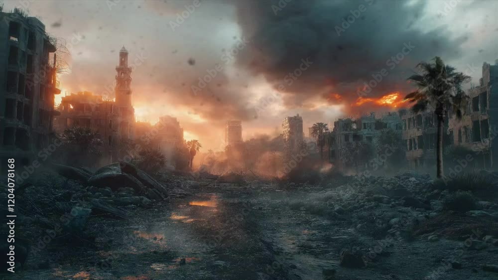 Destroyed modern city buildings in ruin view, war concept, apocalyptic landscape motion animation background