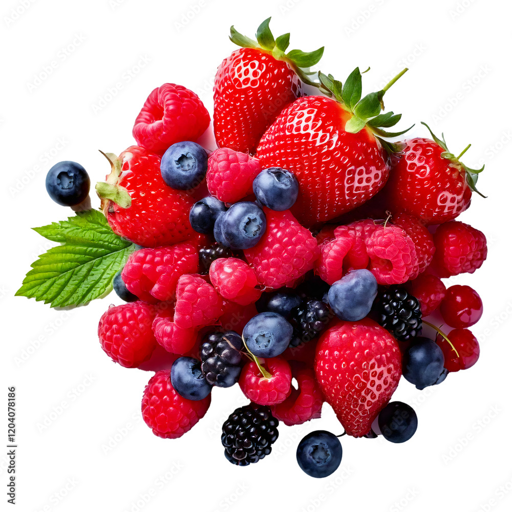 Fresh strawberries, raspberries and blueberries creating a colorful mix on transparent background Fresh strawberries, raspberries and blueberries creating a colorful mix on transparent background
