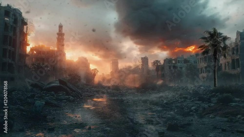 Destroyed modern city buildings in ruin view, war concept, apocalyptic landscape motion animation background