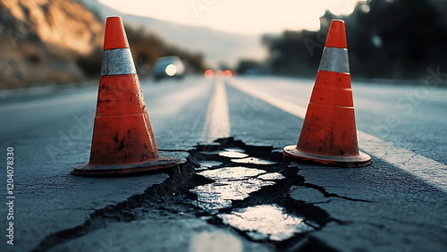 Two orange traffic cones sit on either side of a large crack in the asphalt.