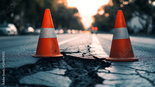 Two orange traffic cones sit on either side of a large crack in the asphalt.