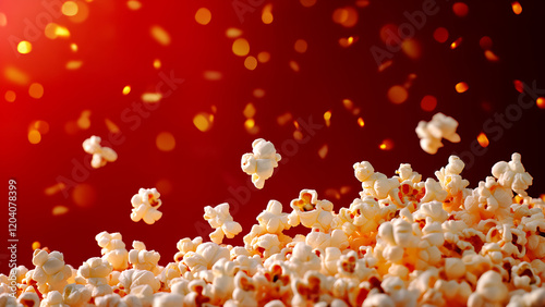 A pile of popcorn on a red background.