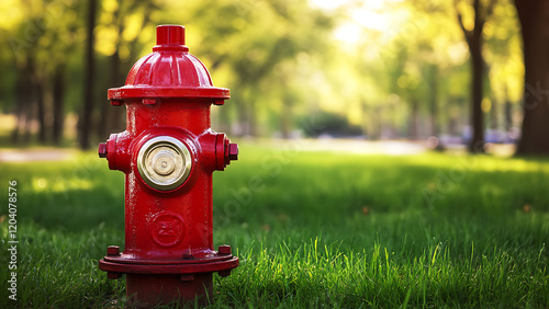 Red fire hydrant in green park.